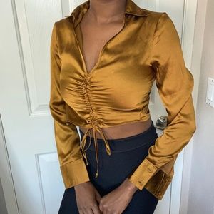 Dizzy Lizzy Copper Brown Collared Satin Crop Top